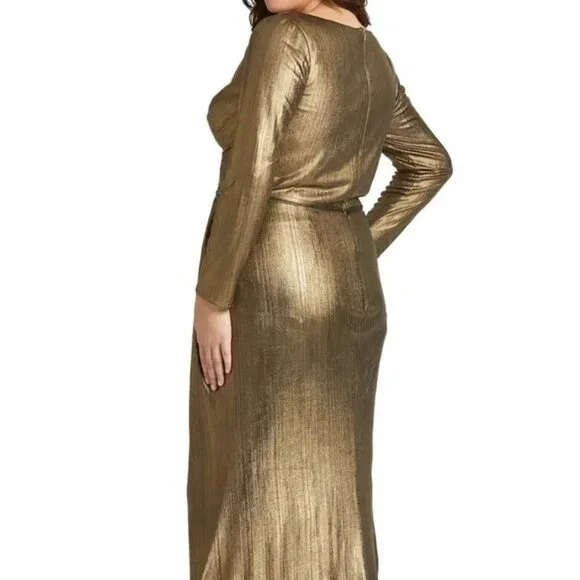 Mac Duggal Bronze Metallic Long Sleeve Faux Wrap Gown